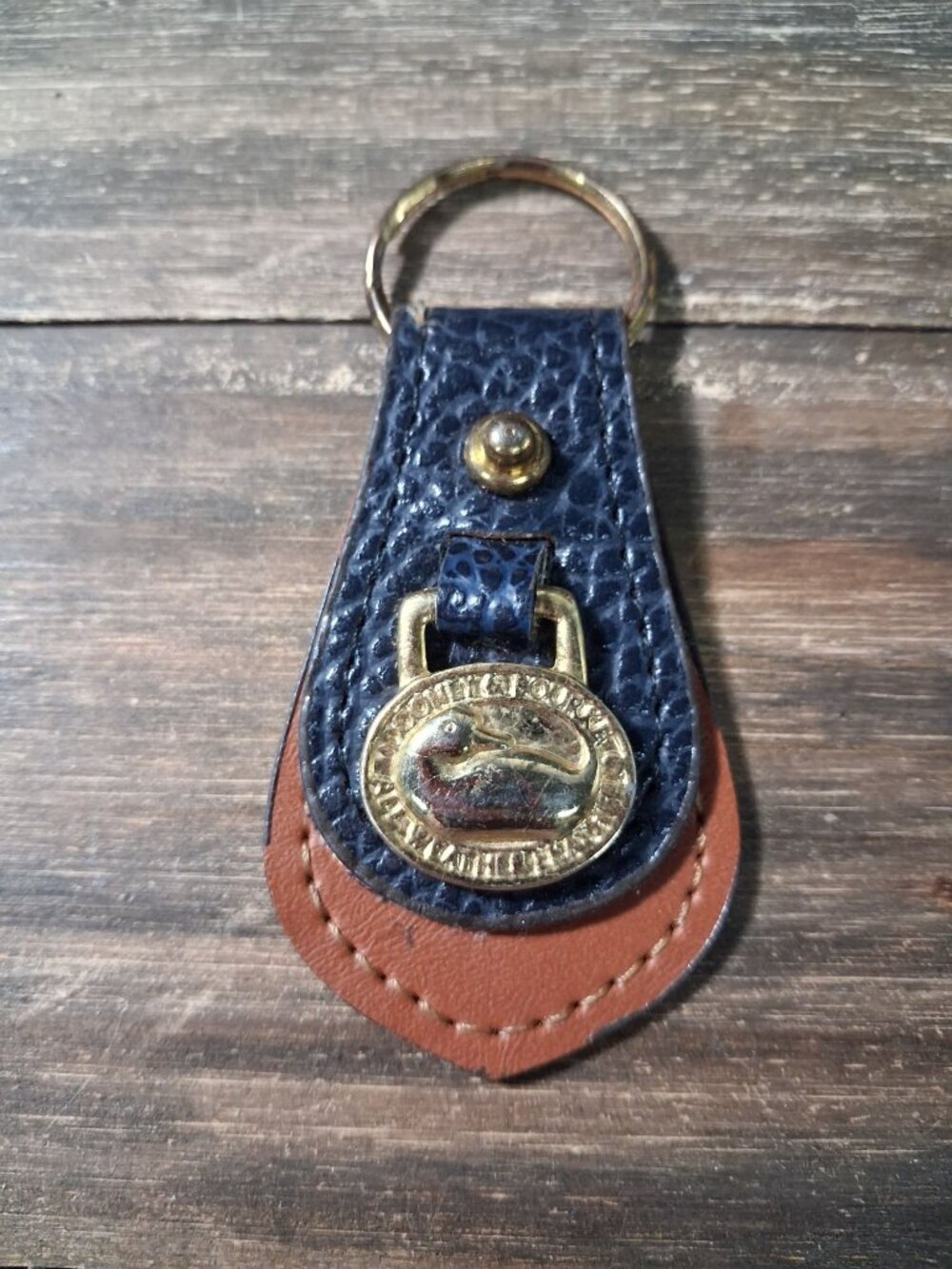 Vtg Dooney Bourke Bag Tag Navy Blue Brown AWL Leather Brass Duck Keychain Fob
